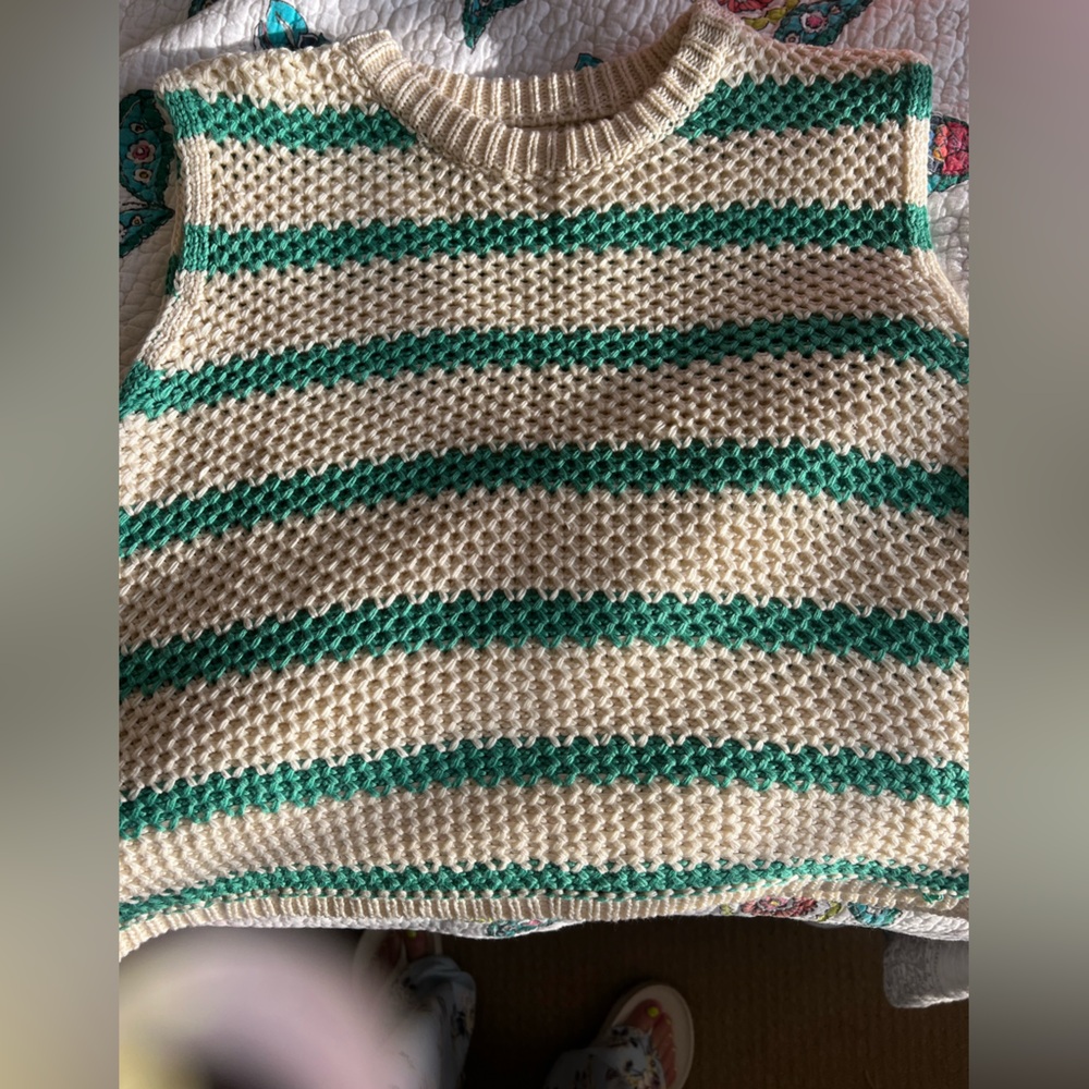 Cream and Green Striped Knit Sweater - Women